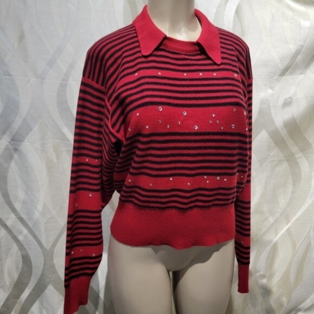 Sonia Rykiel Vintage 80s Black Red Bretton Stripe Oversize Poor Boy Wool Sweater